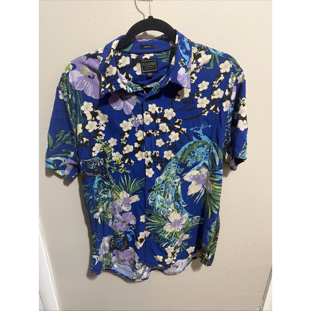 Guess Floral Peacock Button Down Collar Men M Slim Fit